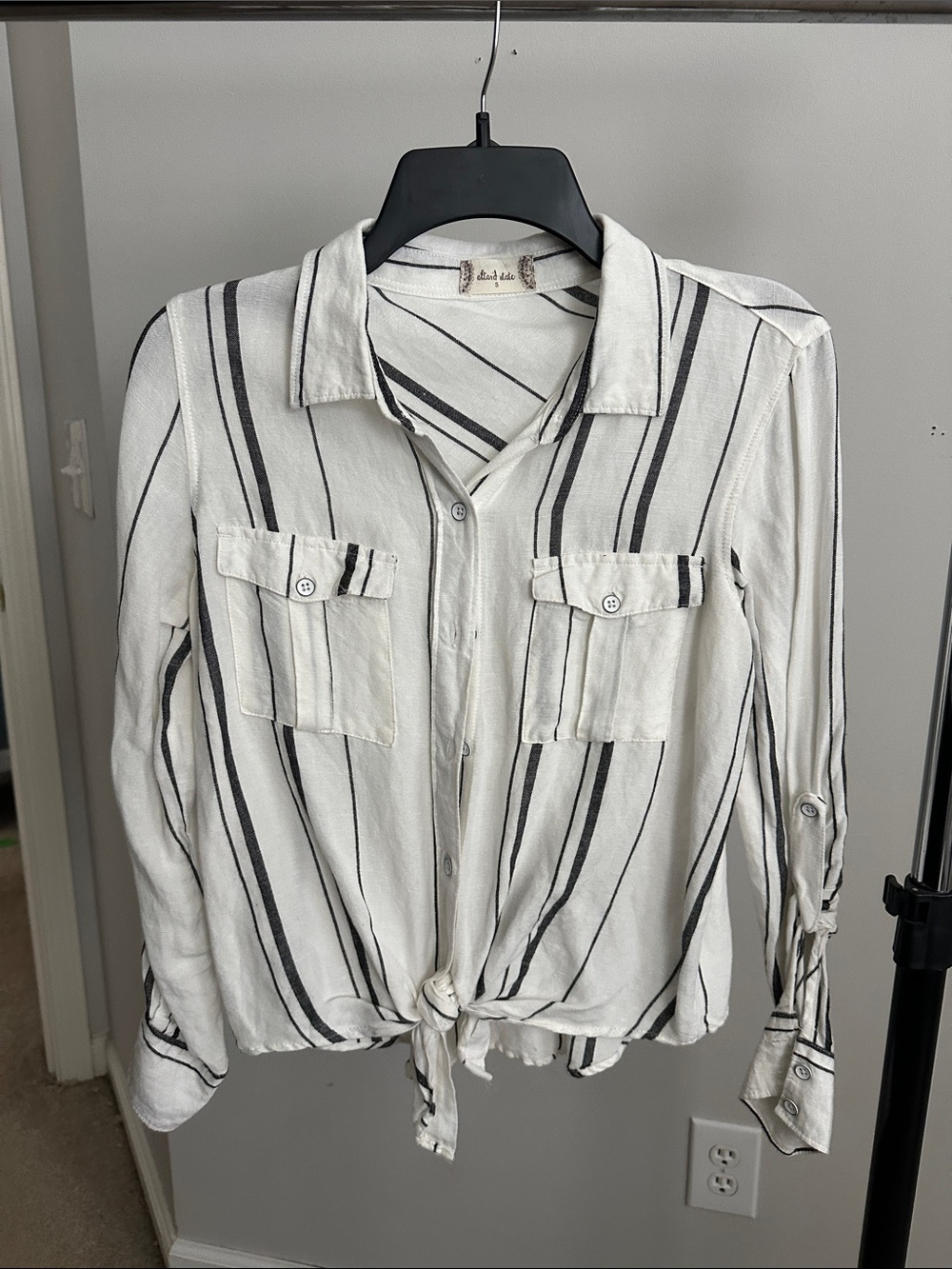 Altar'd State White Button-Down Shirt with Black Stripes